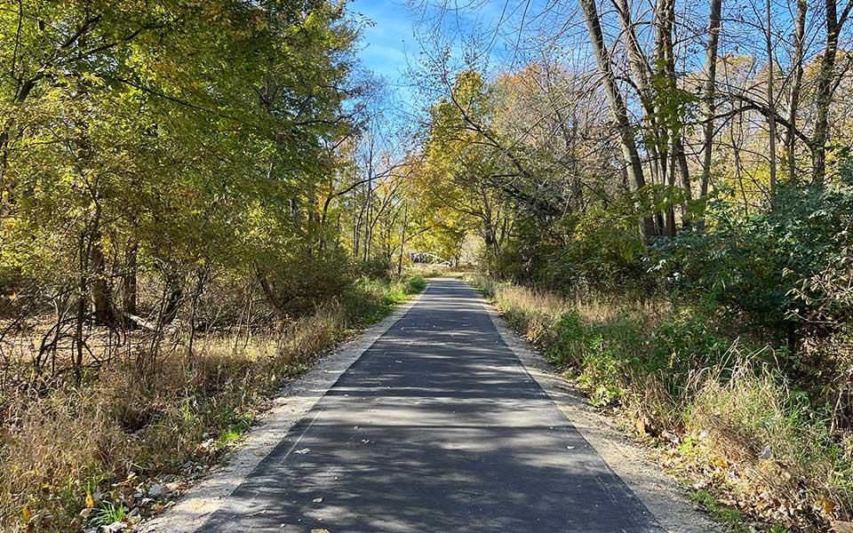 Asphalt Trail going through trees toward bridge