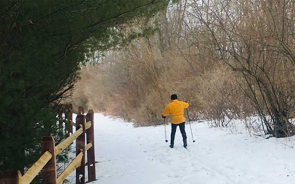 Skier going down trail with fence on side and snow on ground